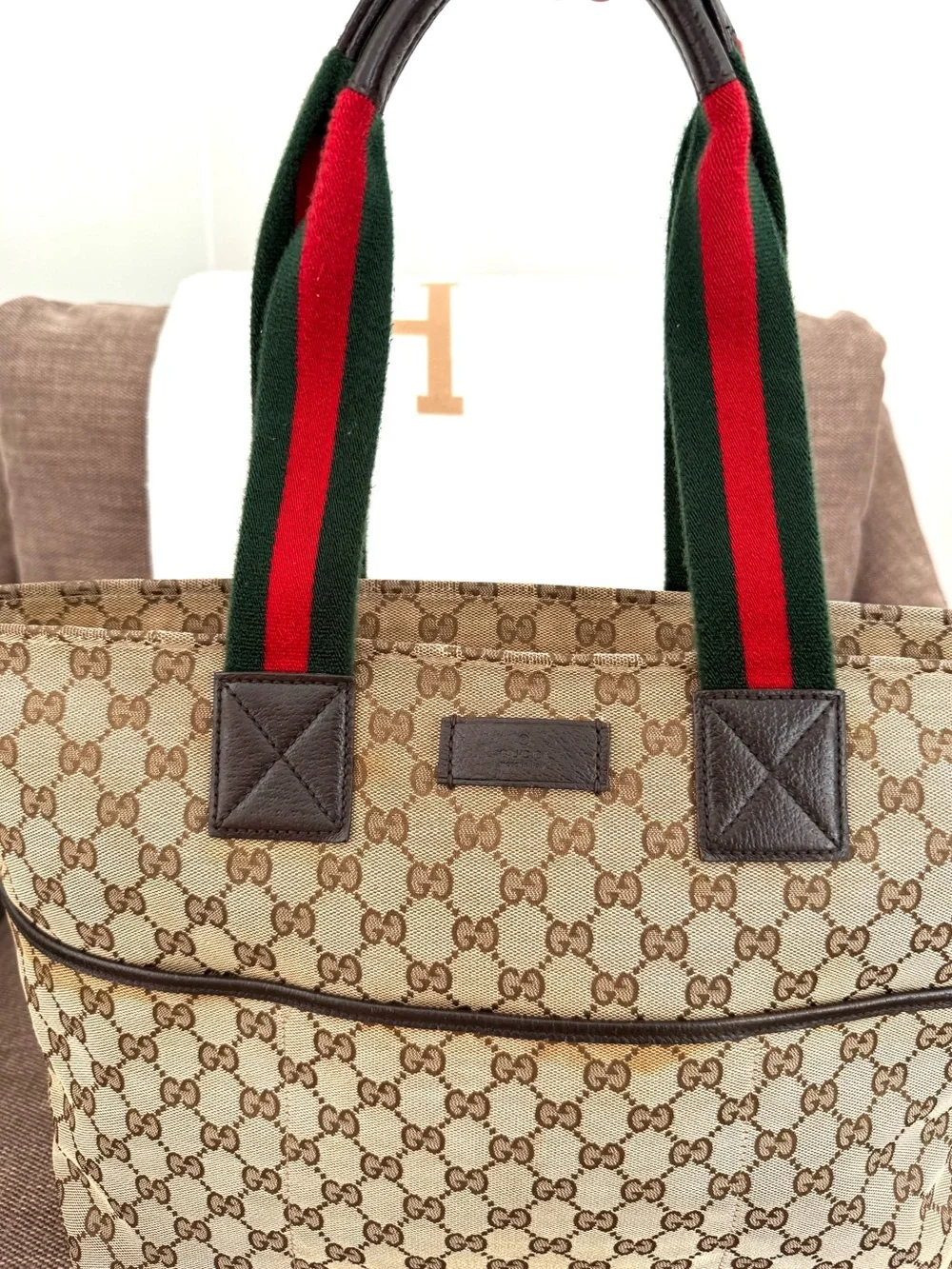 Gucci authentic tote bag brown monogram canvas diaper bag red green handles